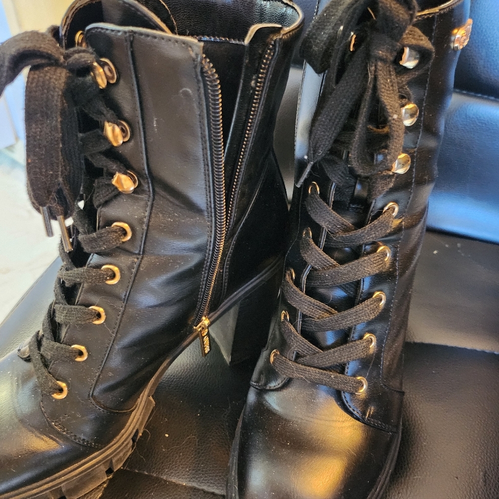 Guess Black Lace-Up Boots with Gold Accents